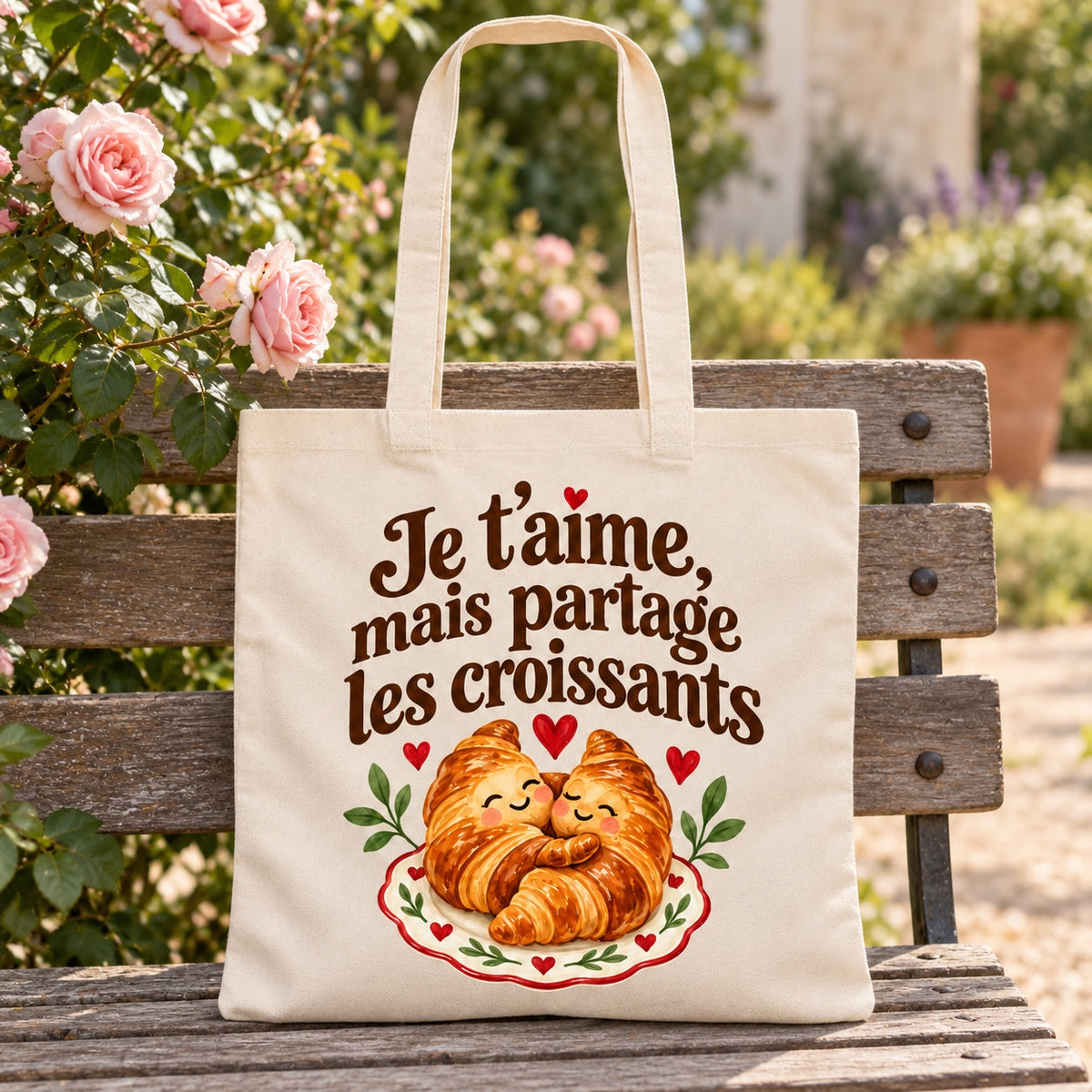 Tote bag « Je t’aime, mais partage les croissants » Essentiel appuyé contre un banc de jardin près d'un rosier