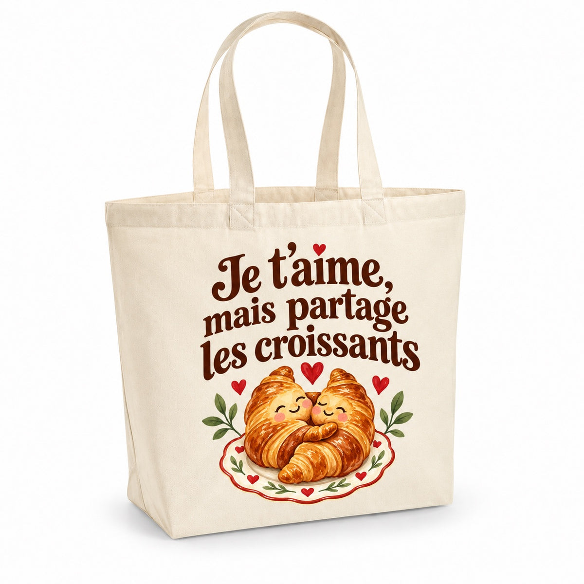 Tote bag « Je t’aime, mais partage les croissants » Premium, cabas à soufflet en coton naturel 200 g/m² de 18 litres, illustration aquarelle rétro