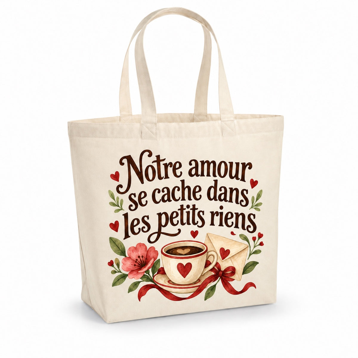 Tote bag « Notre amour se cache dans les petits riens » Premium, cabas à soufflet en coton naturel 200 g/m² de 18 litres, illustration aquarelle rétro