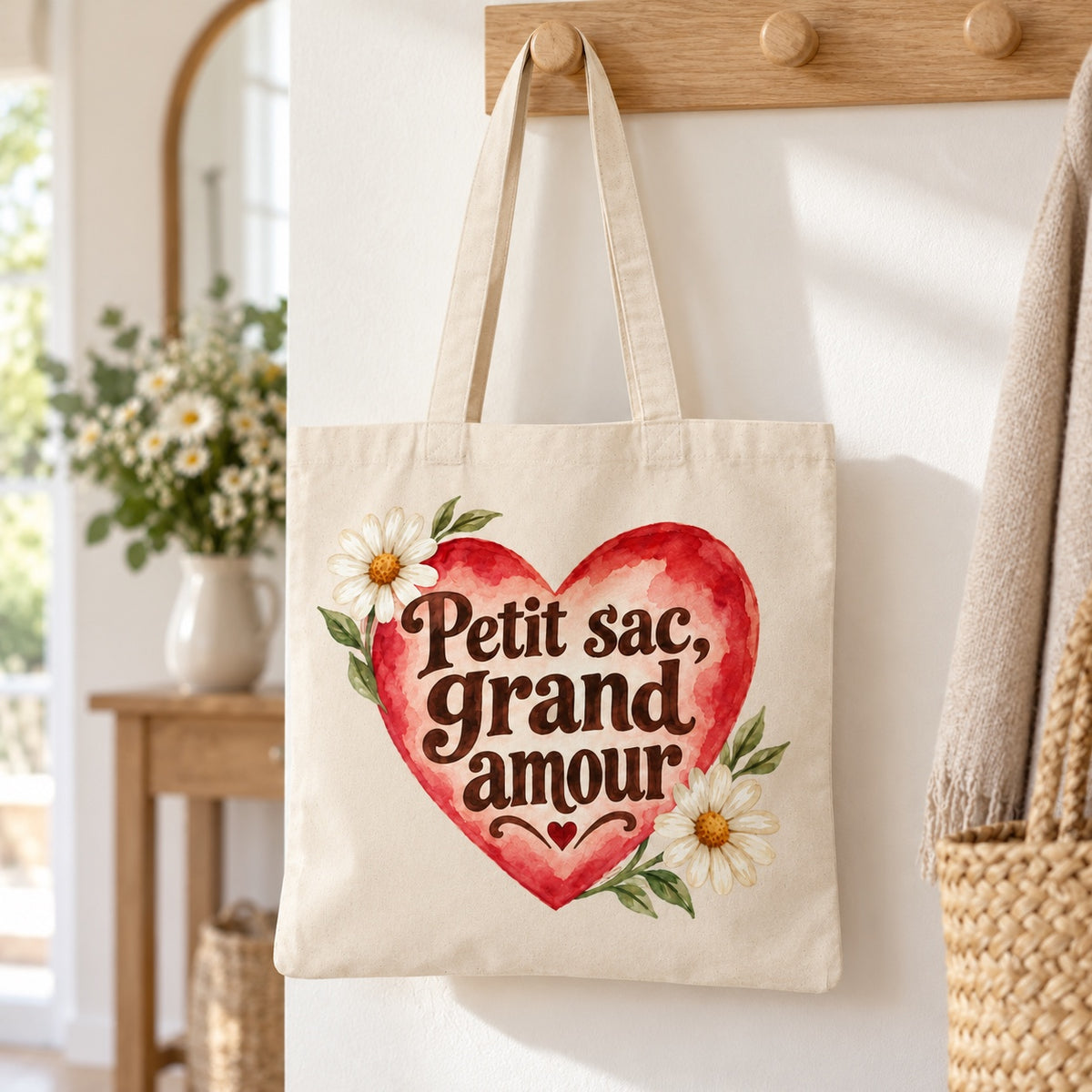 Tote bag « Petit sac, grand amour » Essentiel suspendu à une patère dans une entrée lumineuse