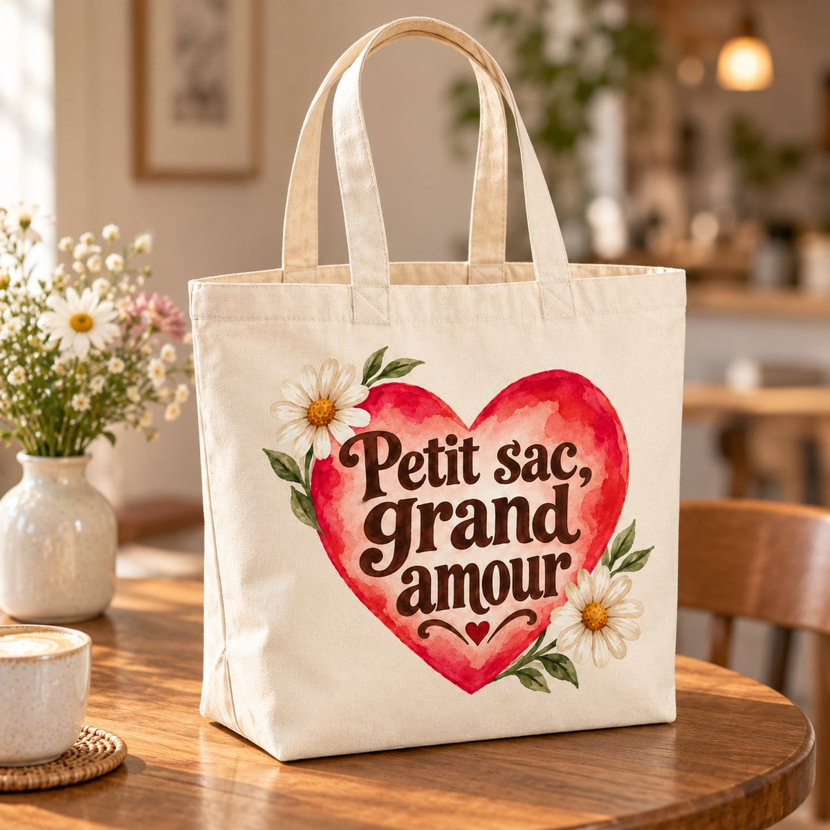 Tote bag « Petit sac, grand amour » Premium posé sur une table de café