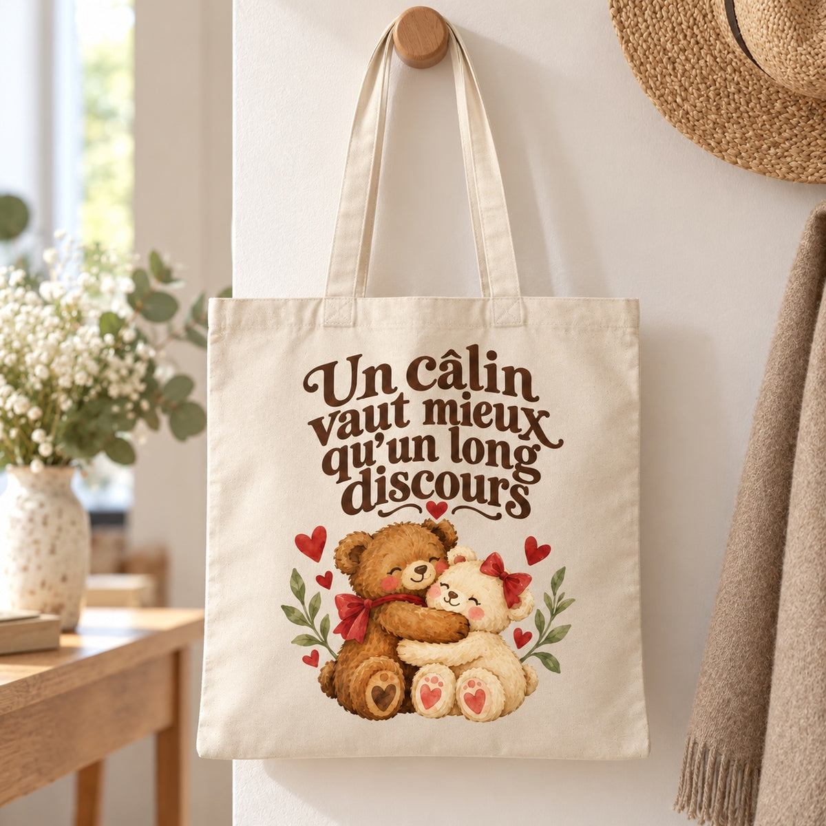 Tote bag « Un câlin vaut mieux qu’un long discours » Essentiel suspendu à une patère dans une entrée lumineuse