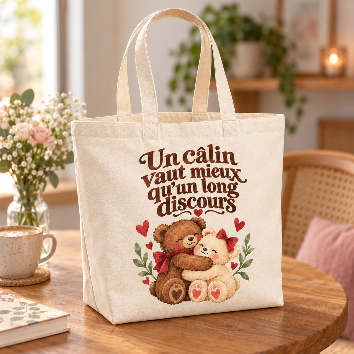 Tote bag « Un câlin vaut mieux qu’un long discours » Premium posé sur une table de café
