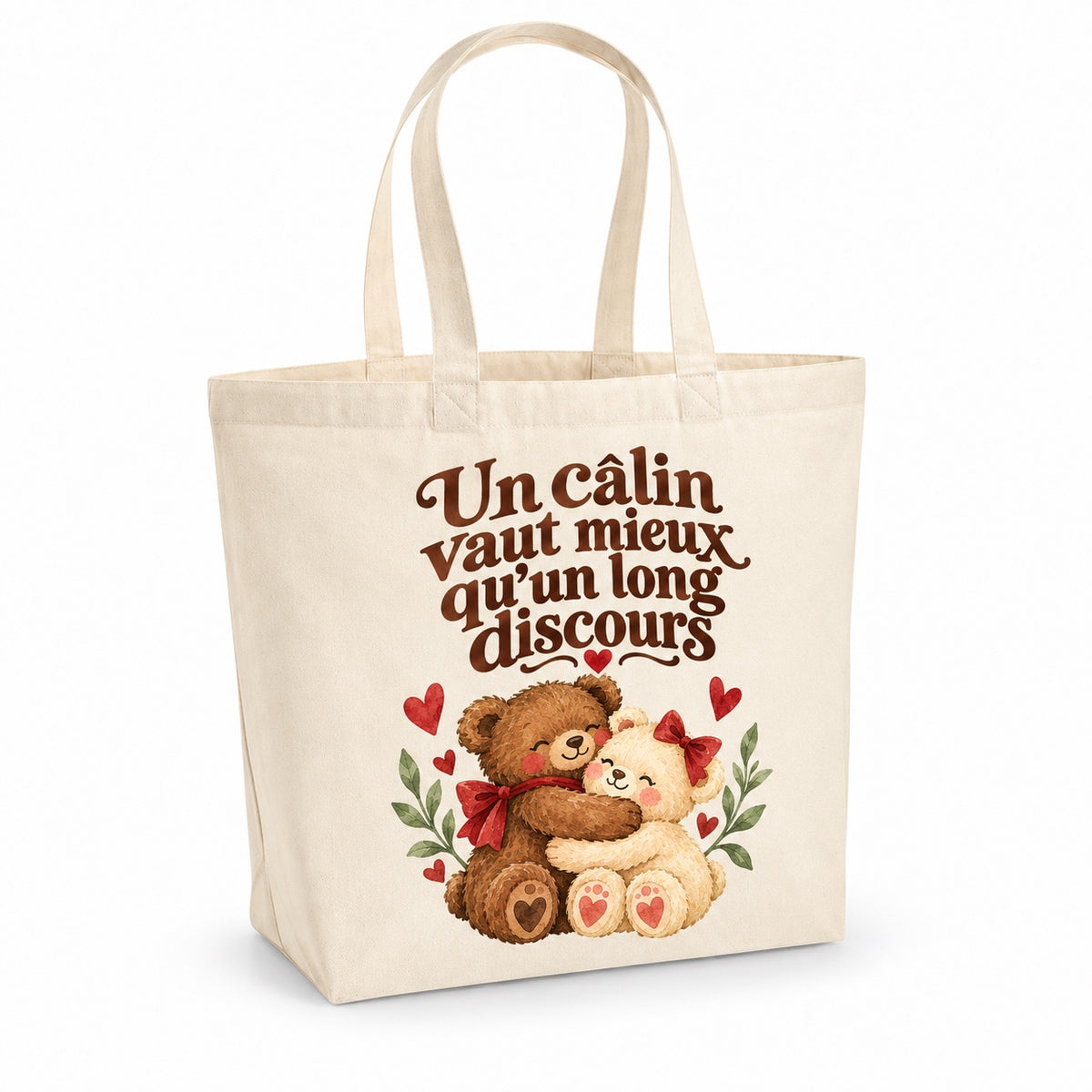 Tote bag « Un câlin vaut mieux qu’un long discours » Premium, cabas à soufflet en coton naturel 200 g/m² de 18 litres, illustration aquarelle rétro