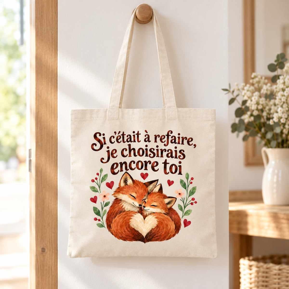 Tote bag « Si c’était à refaire, je choisirais encore toi » Essentiel suspendu à une patère dans une entrée lumineuse