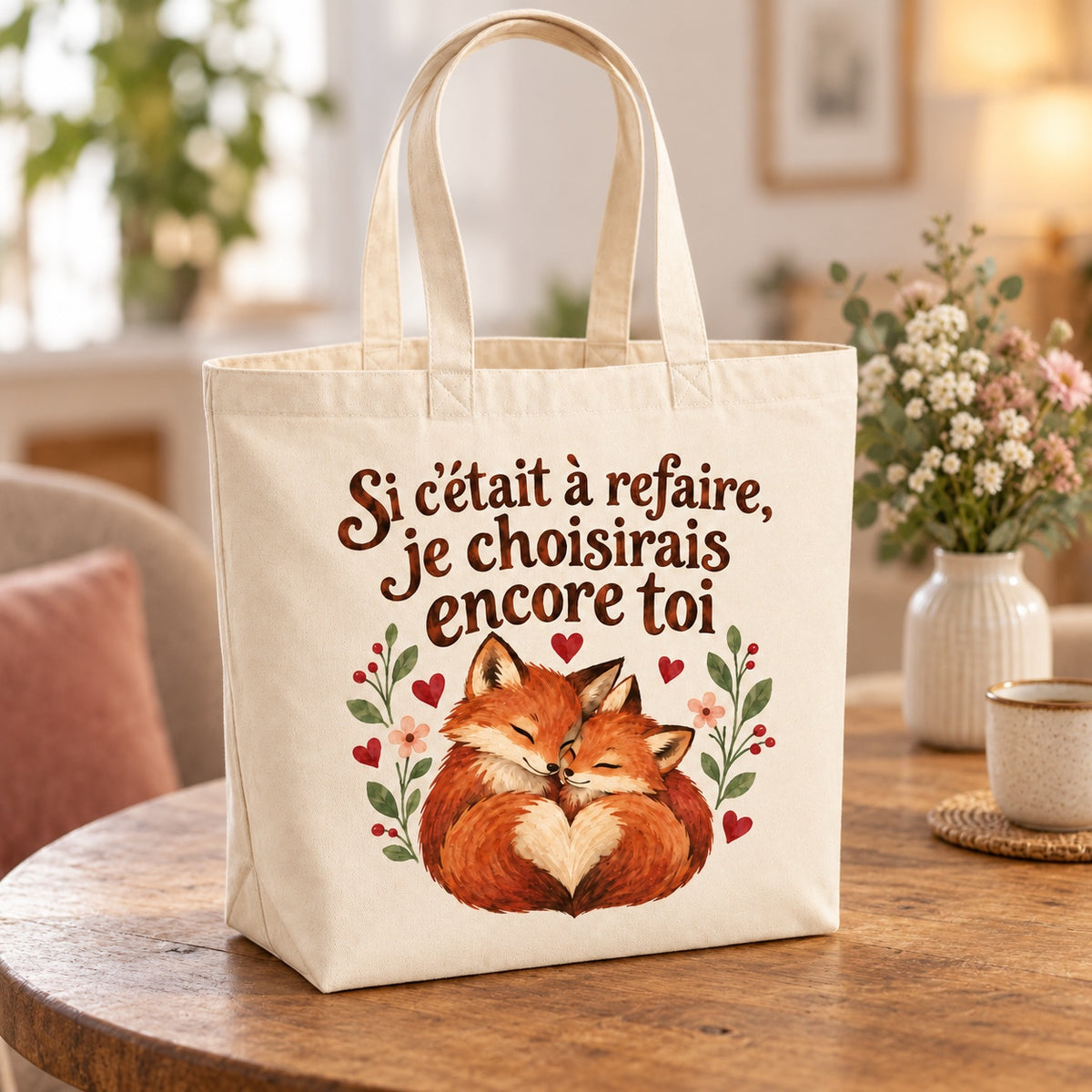 Tote bag « Si c’était à refaire, je choisirais encore toi » Premium posé sur une table de café