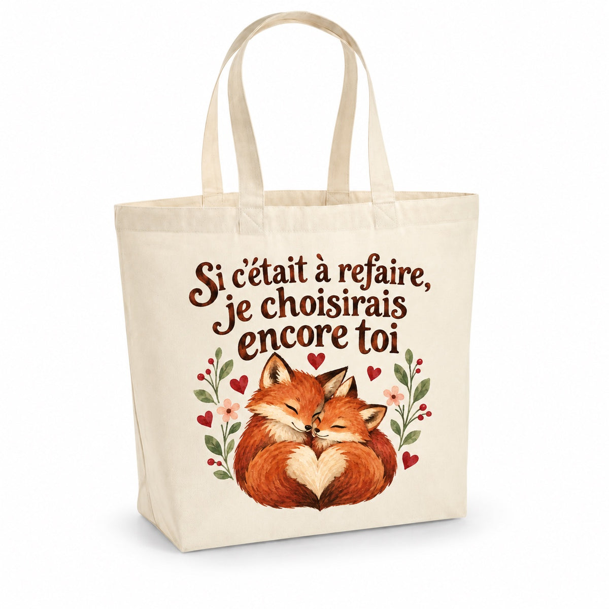Tote bag « Si c’était à refaire, je choisirais encore toi » Premium, cabas à soufflet en coton naturel 200 g/m² de 18 litres, illustration aquarelle rétro