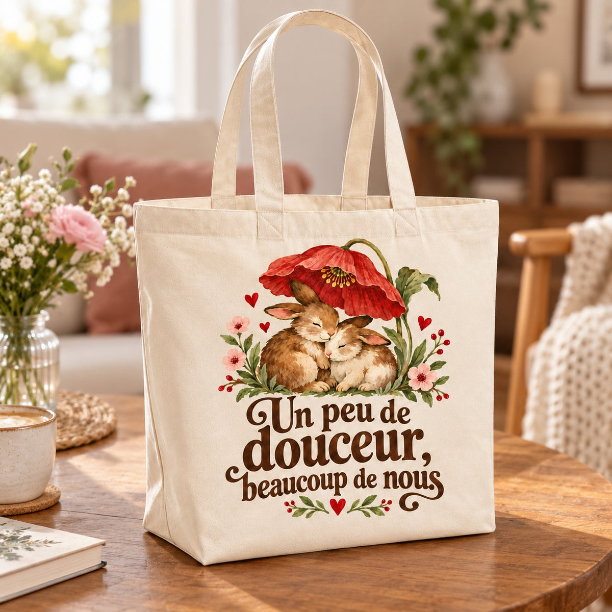 Tote bag « Un peu de douceur, beaucoup de nous » Premium posé sur une table de café