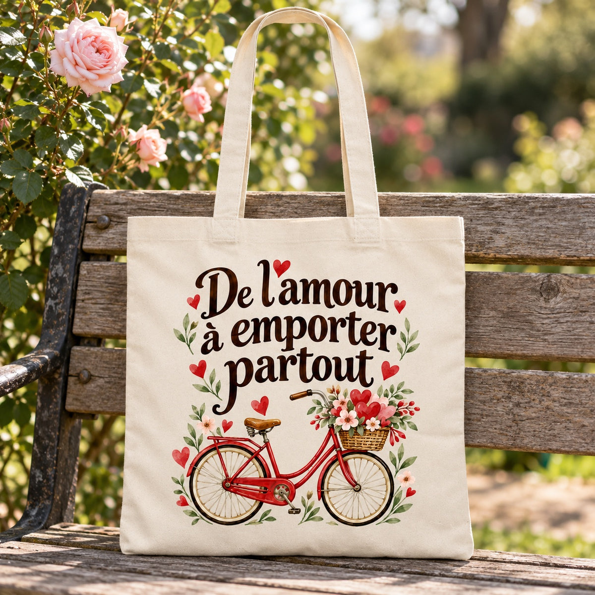 Tote bag « De l’amour à emporter partout » Essentiel appuyé contre un banc de jardin près d'un rosier