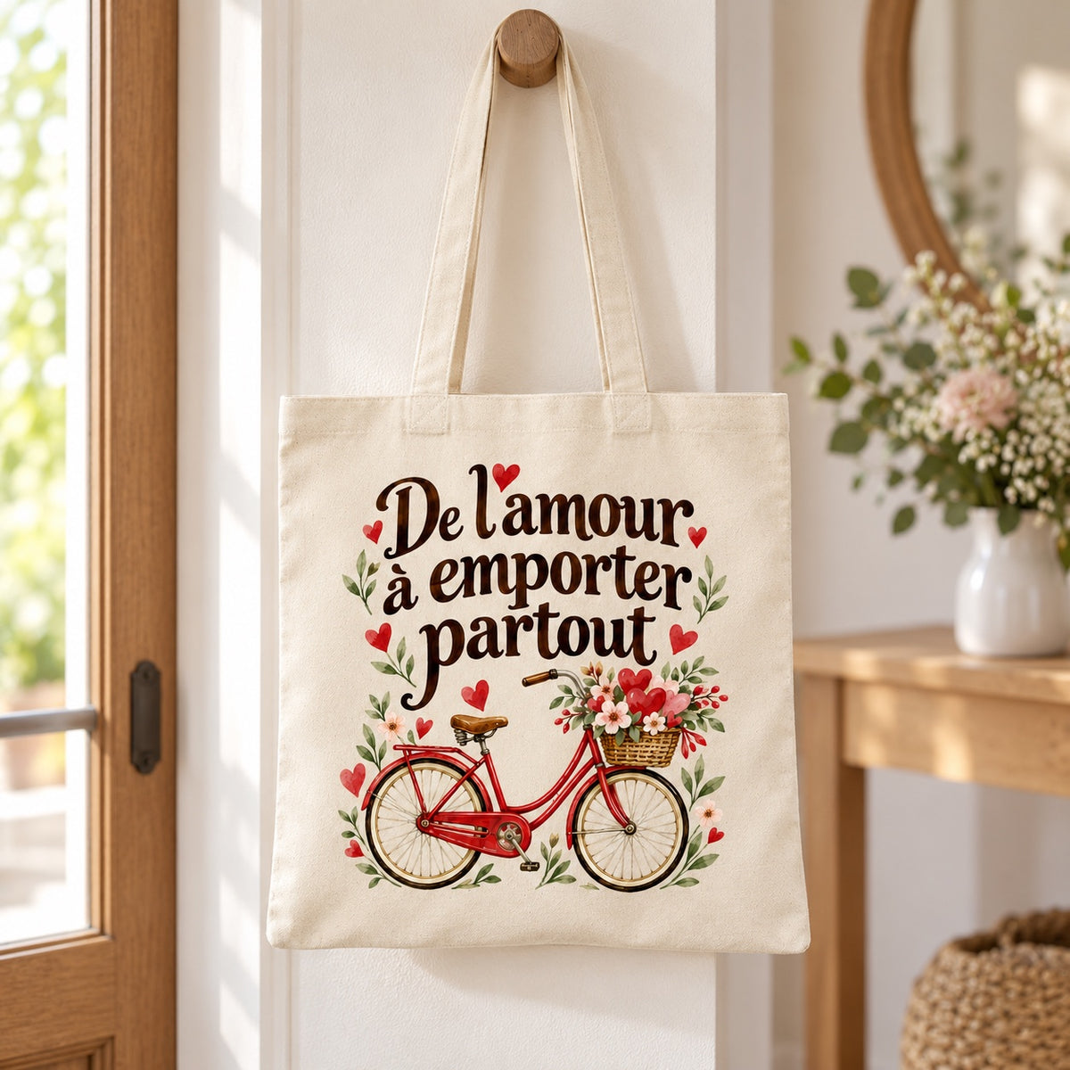 Tote bag « De l’amour à emporter partout » Essentiel suspendu à une patère dans une entrée lumineuse