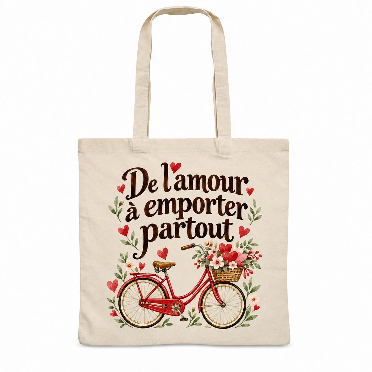 Tote bag « De l’amour à emporter partout » Essentiel, sac plat en coton naturel 140 g/m² de 38 × 42 cm, illustration aquarelle rétro : un vélo rétro au panier de cœurs