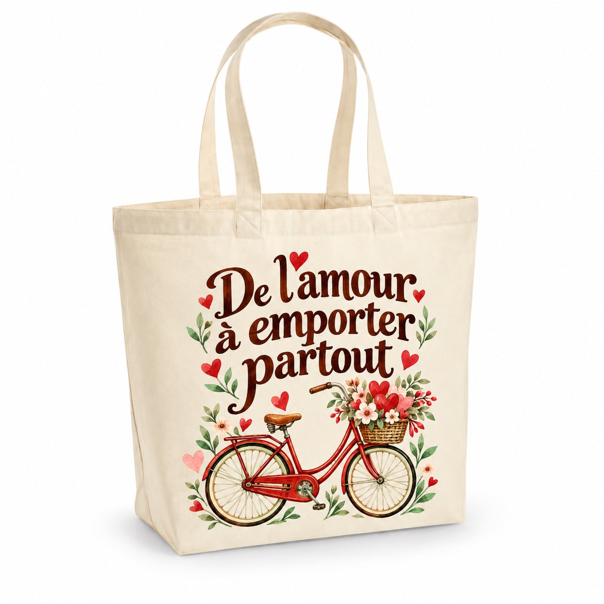 Tote bag « De l’amour à emporter partout » Premium, cabas à soufflet en coton naturel 200 g/m² de 18 litres, illustration aquarelle rétro