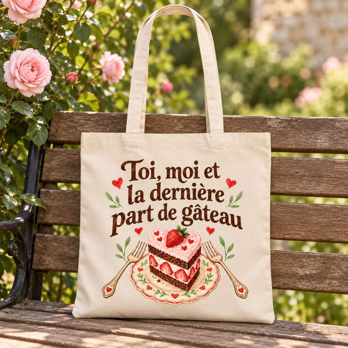 Tote bag « Toi, moi et la dernière part de gâteau » Essentiel appuyé contre un banc de jardin près d'un rosier