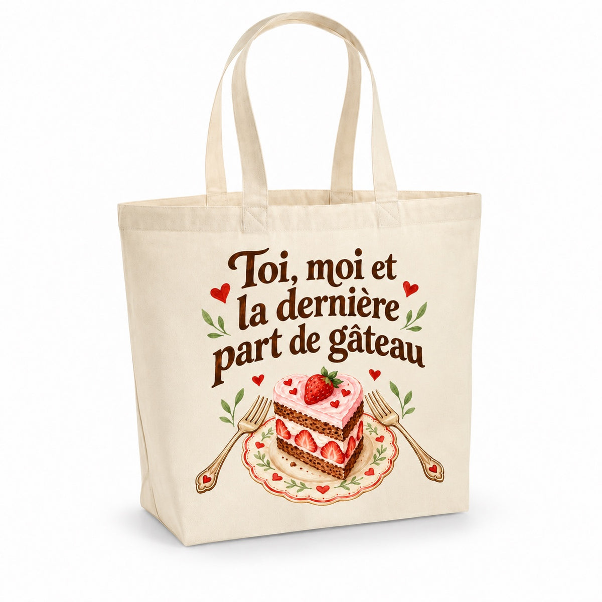 Tote bag « Toi, moi et la dernière part de gâteau » Premium, cabas à soufflet en coton naturel 200 g/m² de 18 litres, illustration aquarelle rétro