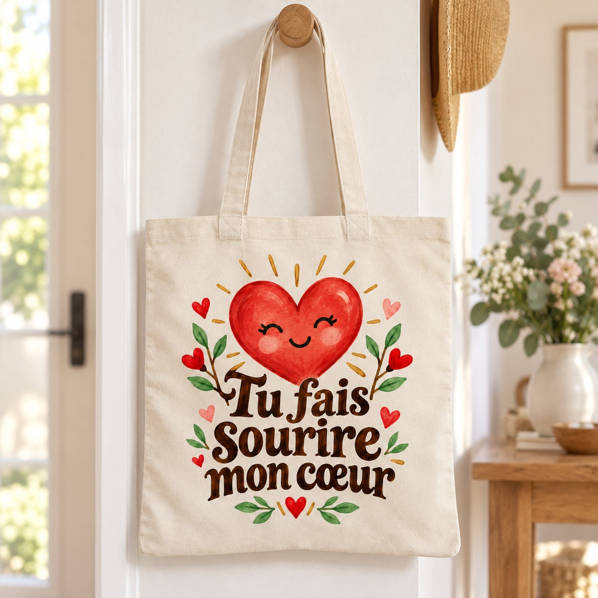 Tote bag « Tu fais sourire mon cœur » Essentiel suspendu à une patère dans une entrée lumineuse
