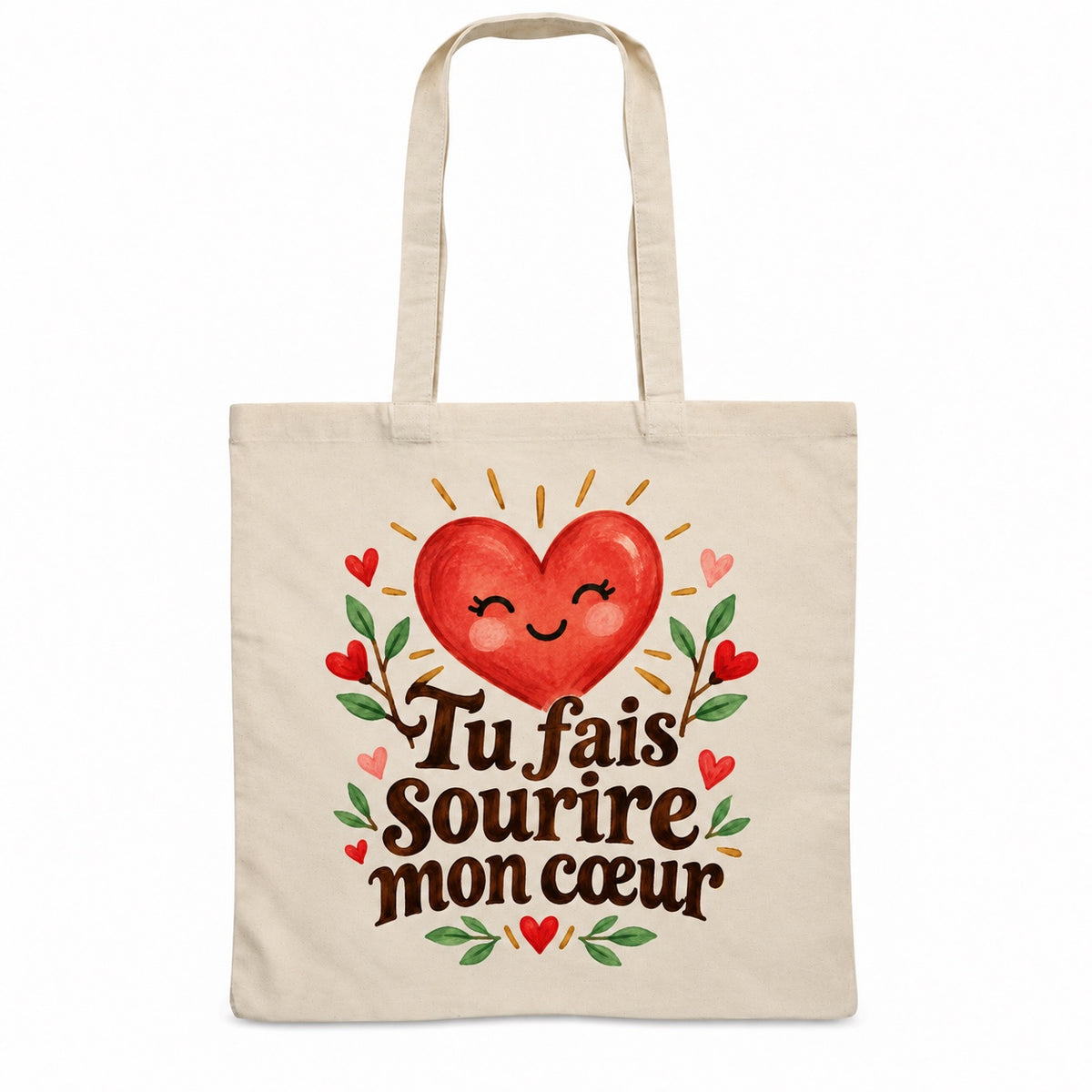 Tote bag « Tu fais sourire mon cœur » Essentiel, sac plat en coton naturel 140 g/m² de 38 × 42 cm, illustration aquarelle rétro : un cœur souriant aux joues roses