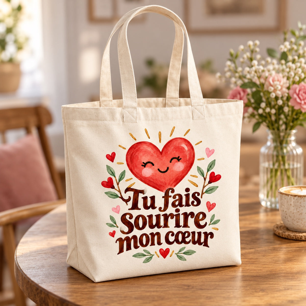 Tote bag « Tu fais sourire mon cœur » Premium posé sur une table de café