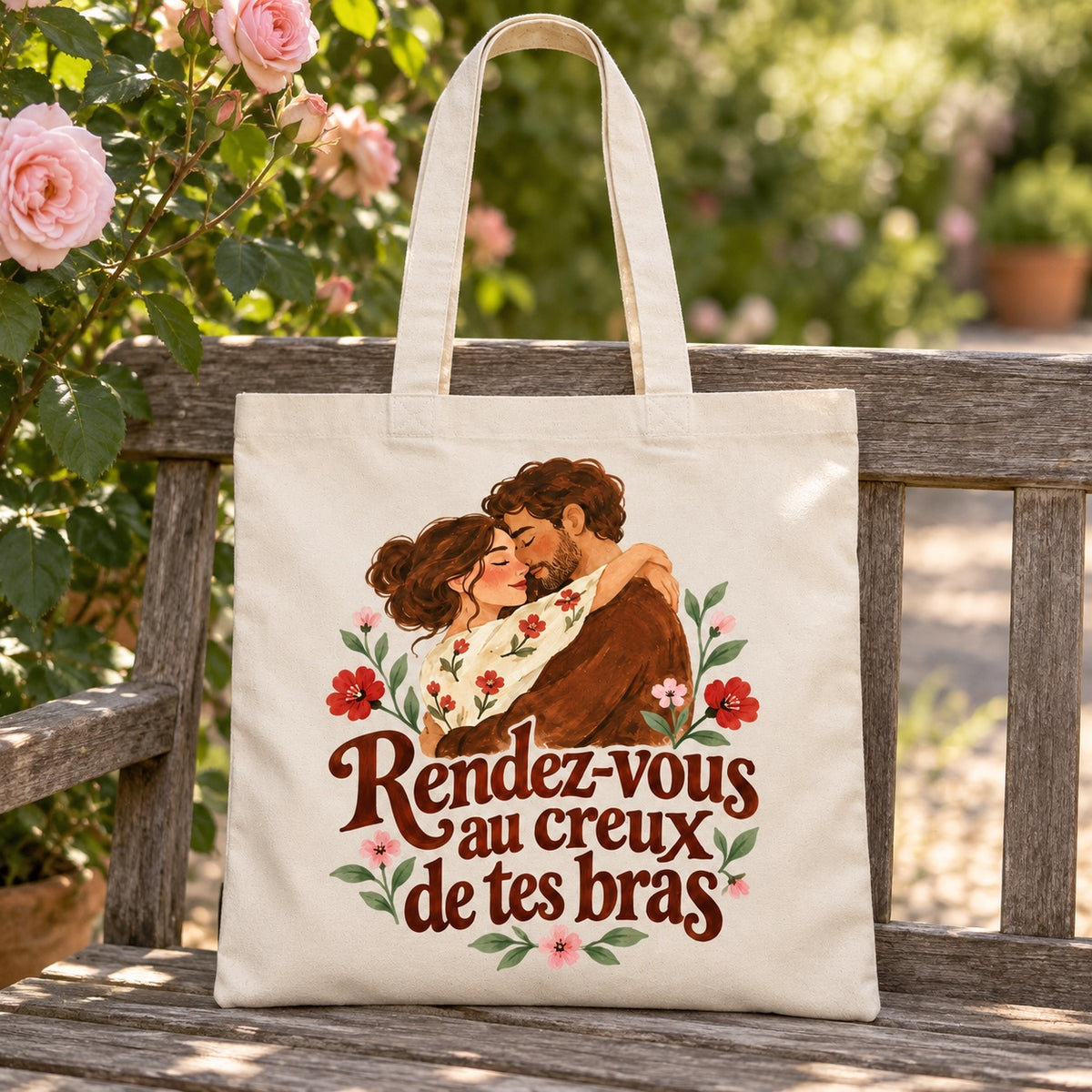 Tote bag « Rendez-vous au creux de tes bras » Essentiel appuyé contre un banc de jardin près d'un rosier