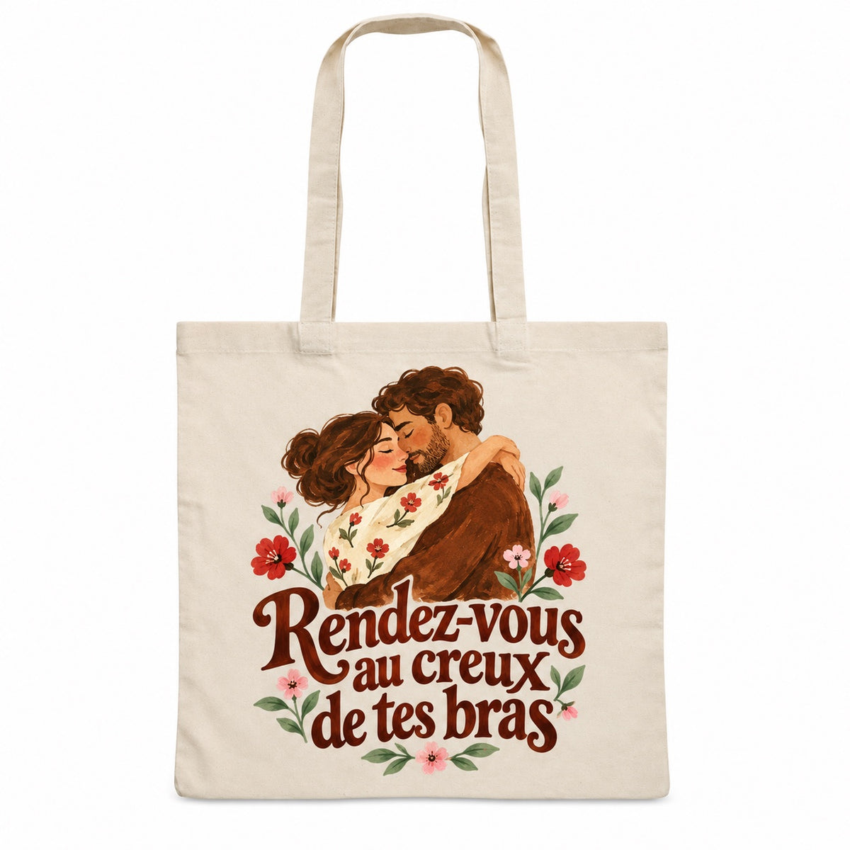 Tote bag « Rendez-vous au creux de tes bras » Essentiel, sac plat en coton naturel 140 g/m² de 38 × 42 cm, illustration aquarelle rétro : un couple tendrement enlacé