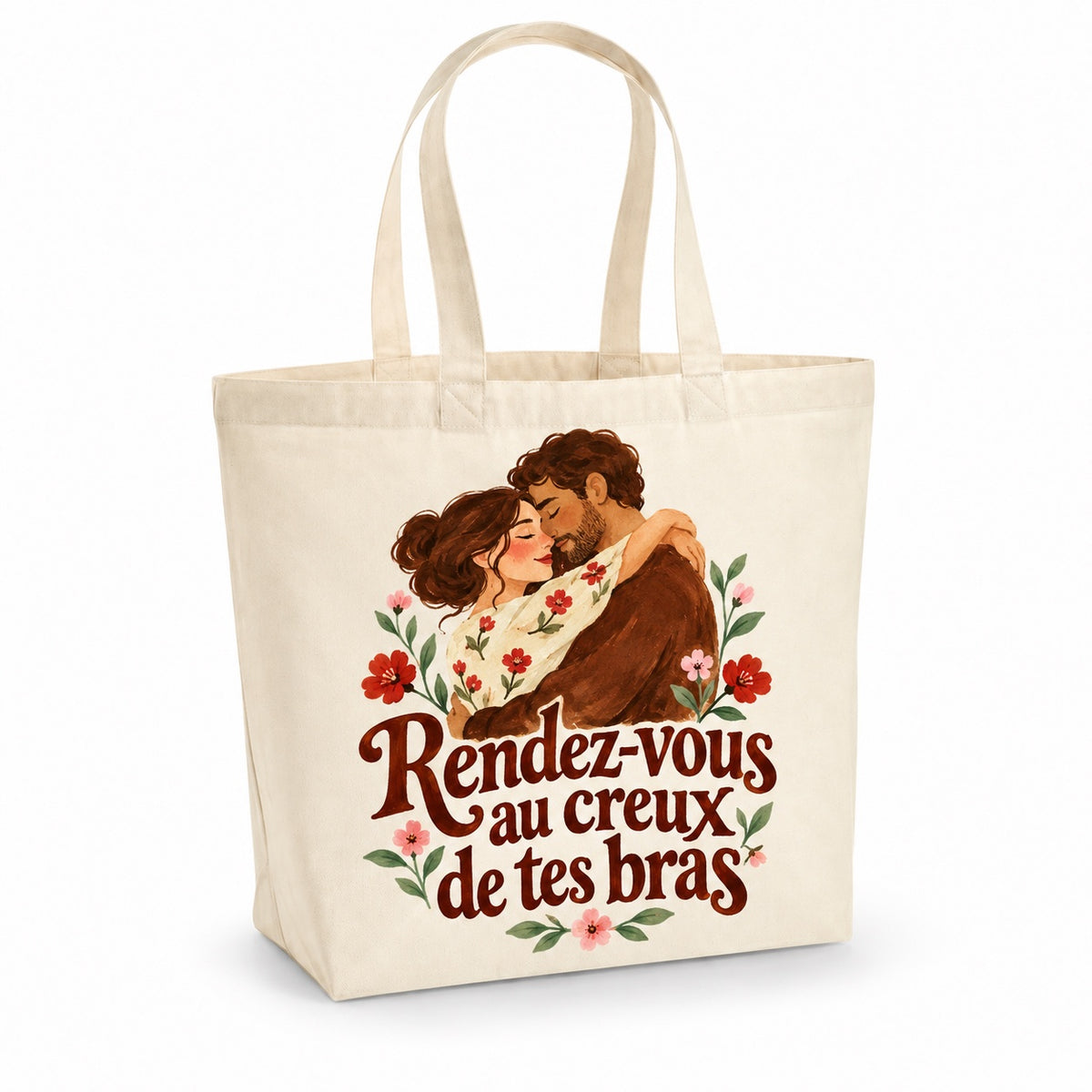 Tote bag « Rendez-vous au creux de tes bras » Premium, cabas à soufflet en coton naturel 200 g/m² de 18 litres, illustration aquarelle rétro