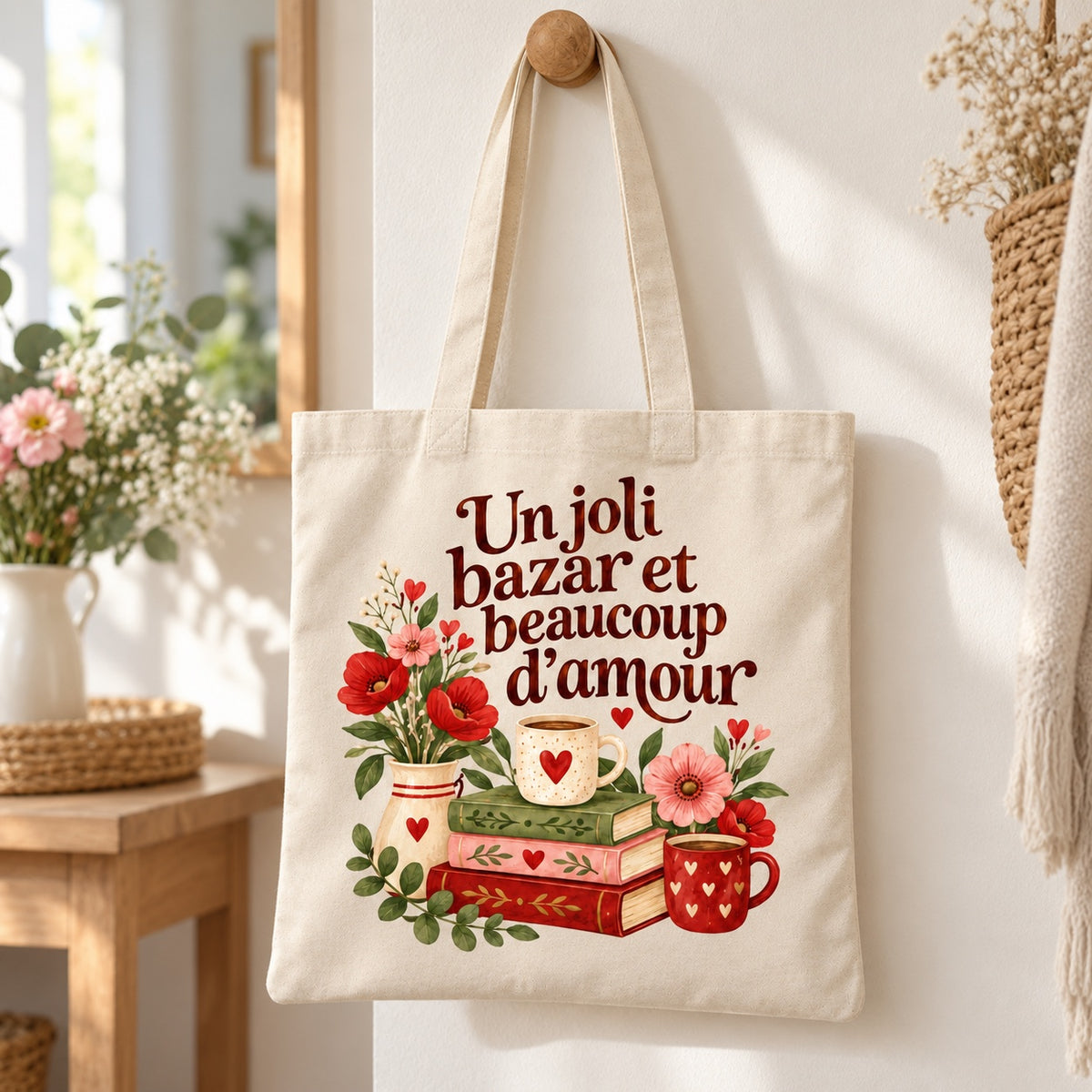 Tote bag « Un joli bazar et beaucoup d’amour » Essentiel suspendu à une patère dans une entrée lumineuse
