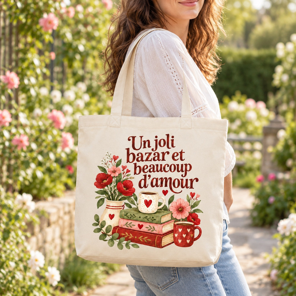 Tote bag « Un joli bazar et beaucoup d’amour » Premium porté à l'épaule dans un jardin fleuri