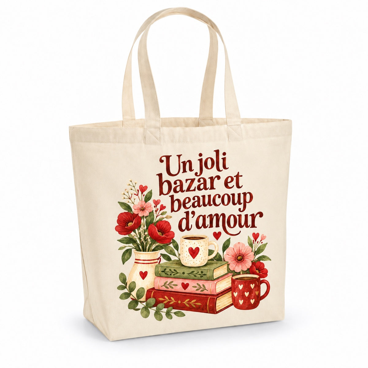 Tote bag « Un joli bazar et beaucoup d’amour » Premium, cabas à soufflet en coton naturel 200 g/m² de 18 litres, illustration aquarelle rétro