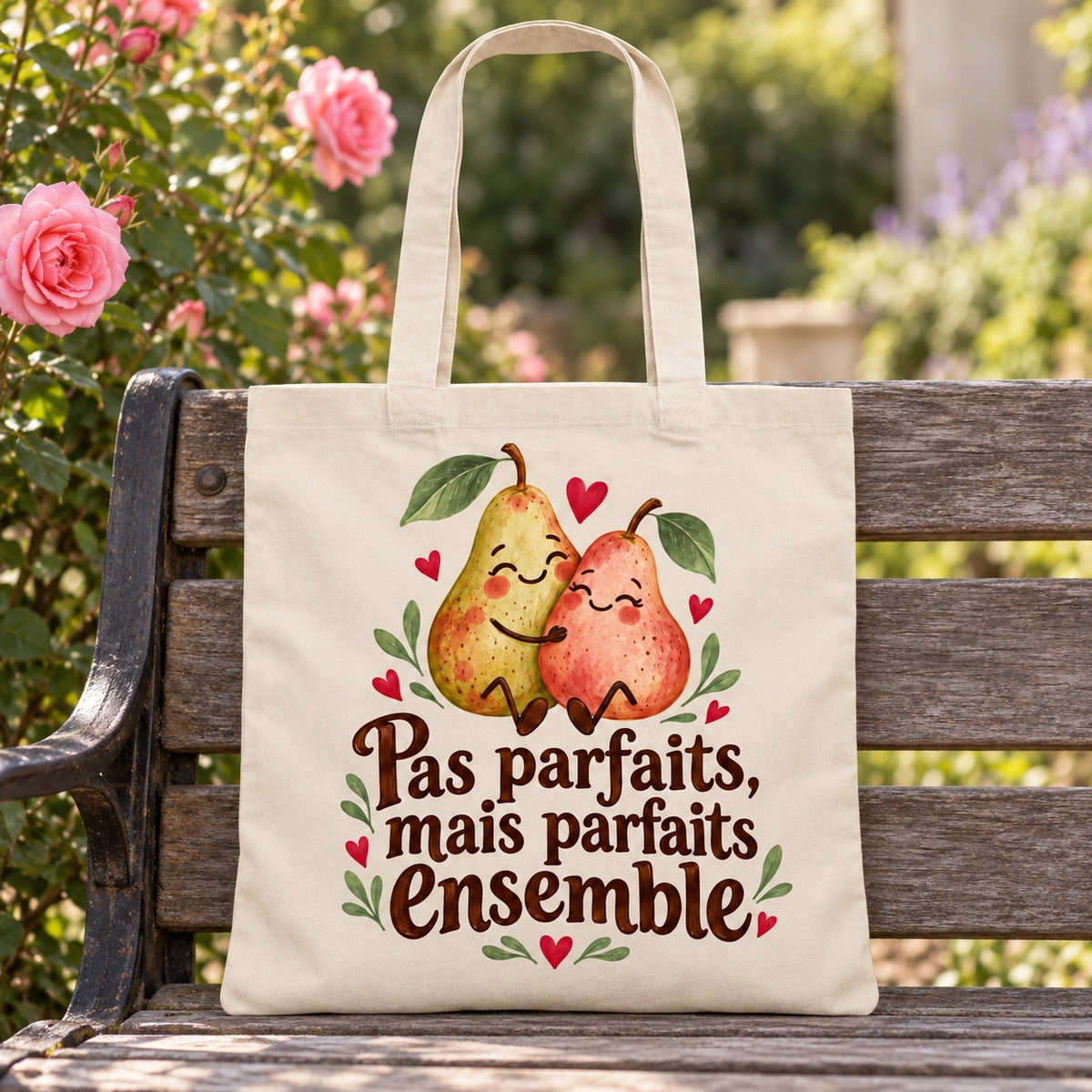 Tote bag « Pas parfaits, mais parfaits ensemble » Essentiel appuyé contre un banc de jardin près d'un rosier