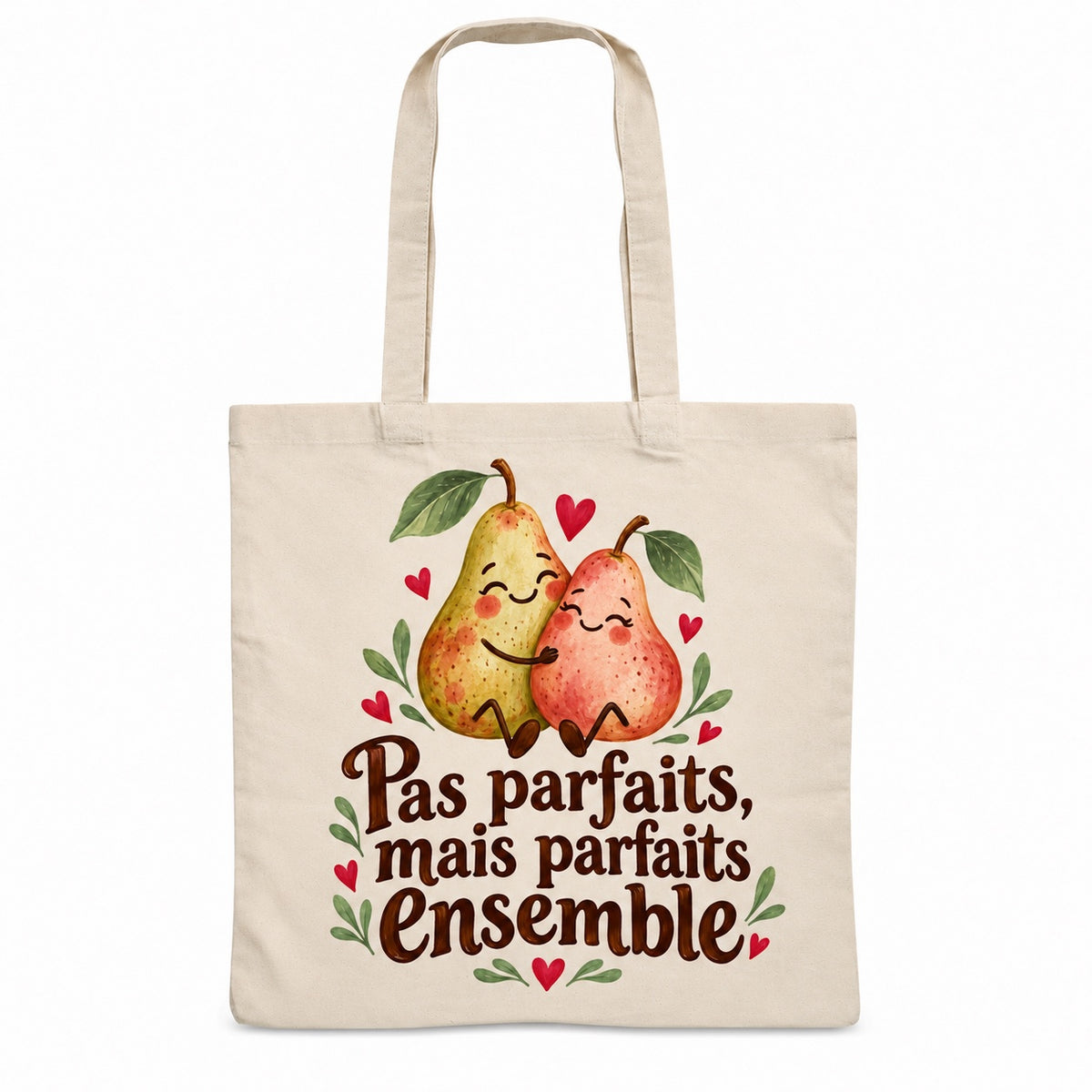 Tote bag « Pas parfaits, mais parfaits ensemble » Essentiel, sac plat en coton naturel 140 g/m² de 38 × 42 cm, illustration aquarelle rétro : deux poires rigolotes serrées