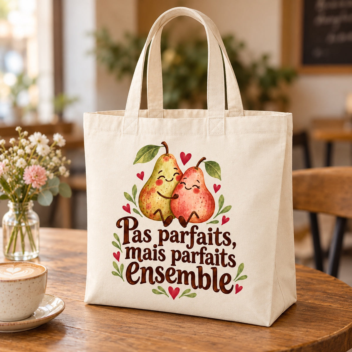 Tote bag « Pas parfaits, mais parfaits ensemble » Premium posé sur une table de café