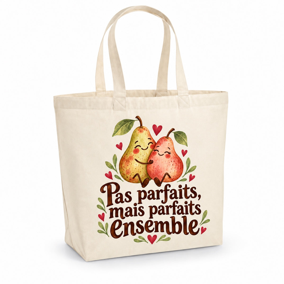 Tote bag « Pas parfaits, mais parfaits ensemble » Premium, cabas à soufflet en coton naturel 200 g/m² de 18 litres, illustration aquarelle rétro
