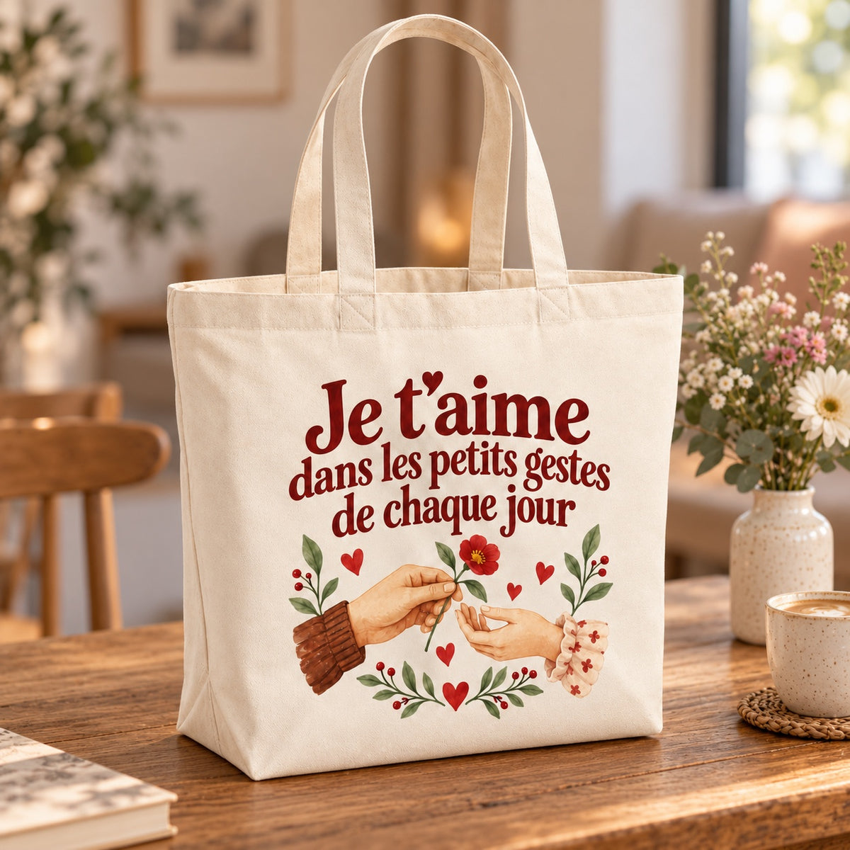 Tote bag « Je t’aime dans les petits gestes de chaque jour » Premium posé sur une table de café