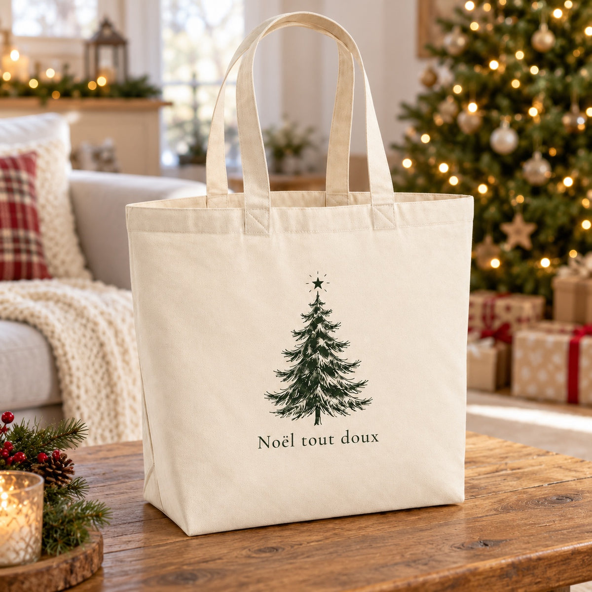 Tote bag de Noël « Noël tout doux » Premium posé sur une table de salon devant le sapin