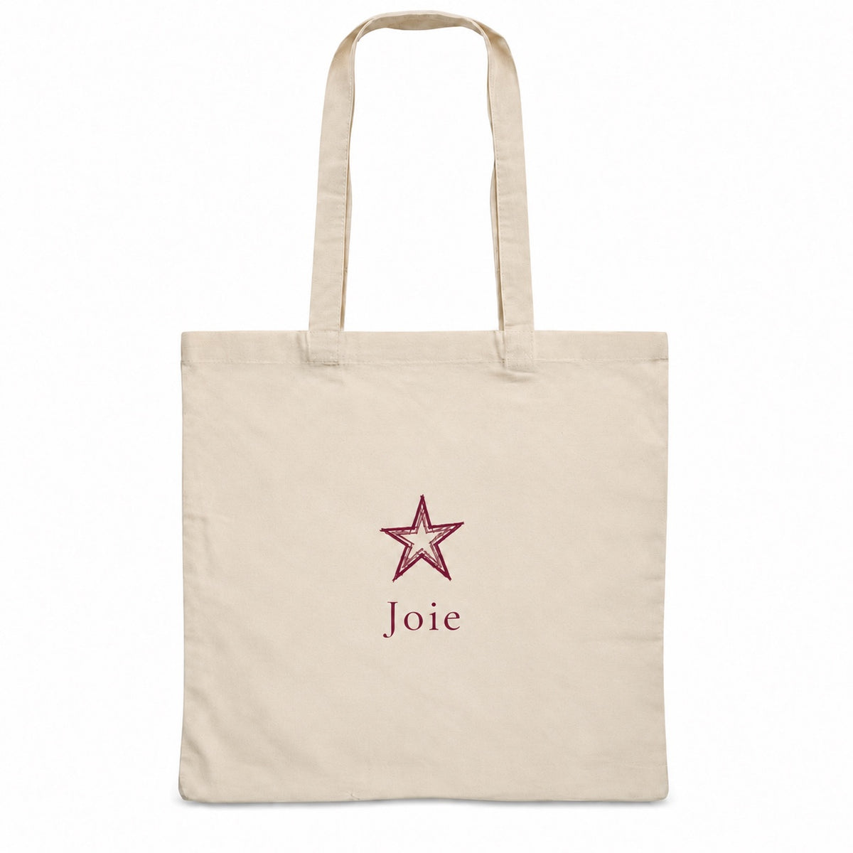 Tote bag de Noël « Joie » Essentiel, sac plat en coton naturel 140 g/m² de 38 × 42 cm, dessin minimaliste au trait : une étoile dessinée à la main, en bordeaux