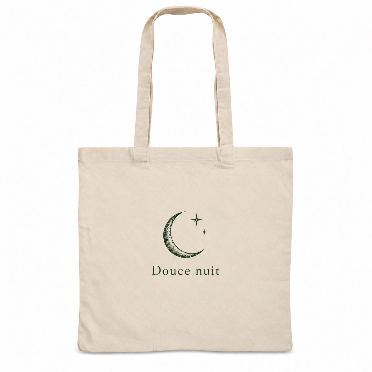 Tote bag de Noël « Douce nuit » Essentiel, sac plat en coton naturel 140 g/m² de 38 × 42 cm, dessin minimaliste au trait : un croissant de lune et deux étoiles, en vert sapin