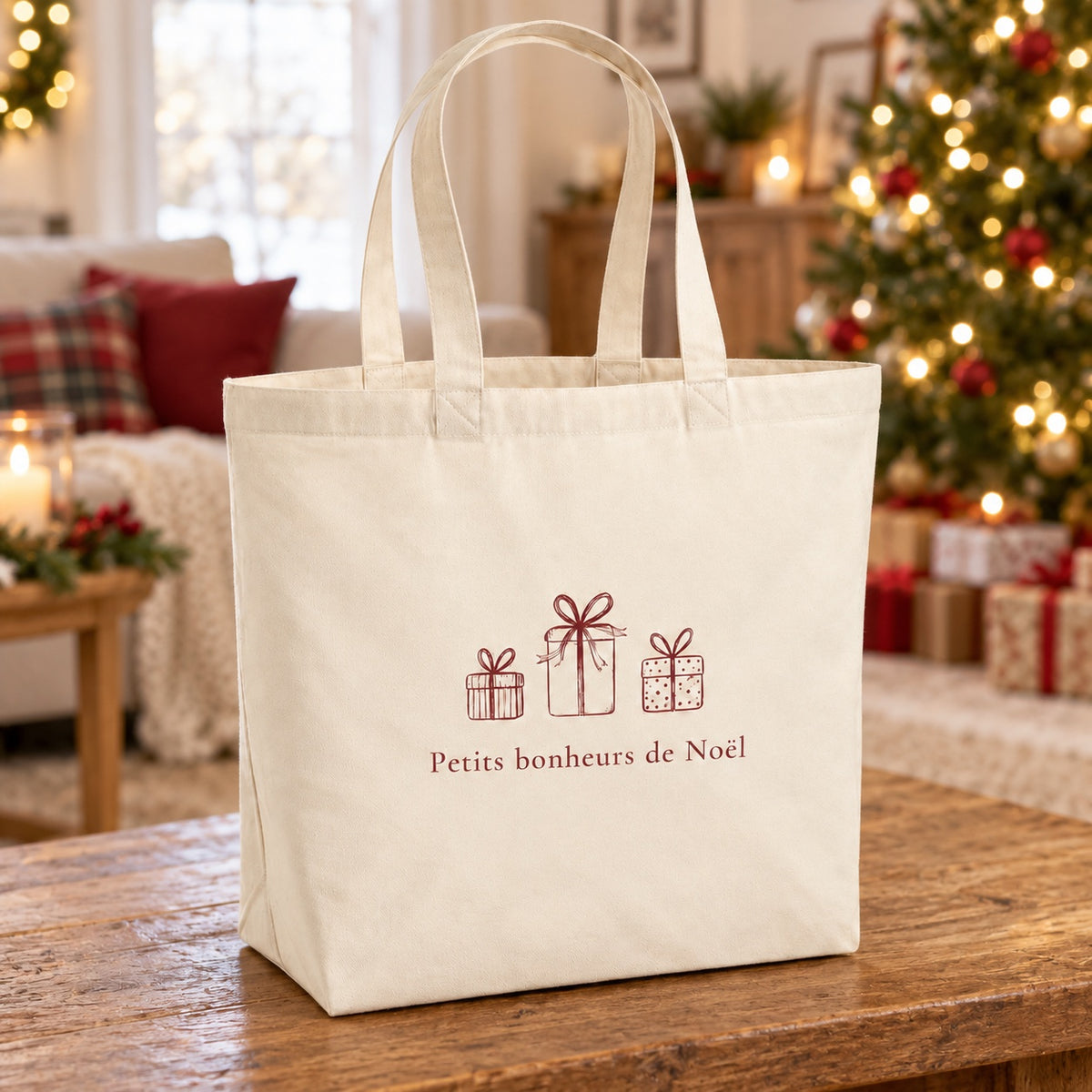 Tote bag de Noël « Petits bonheurs de Noël » Premium posé sur une table de salon devant le sapin