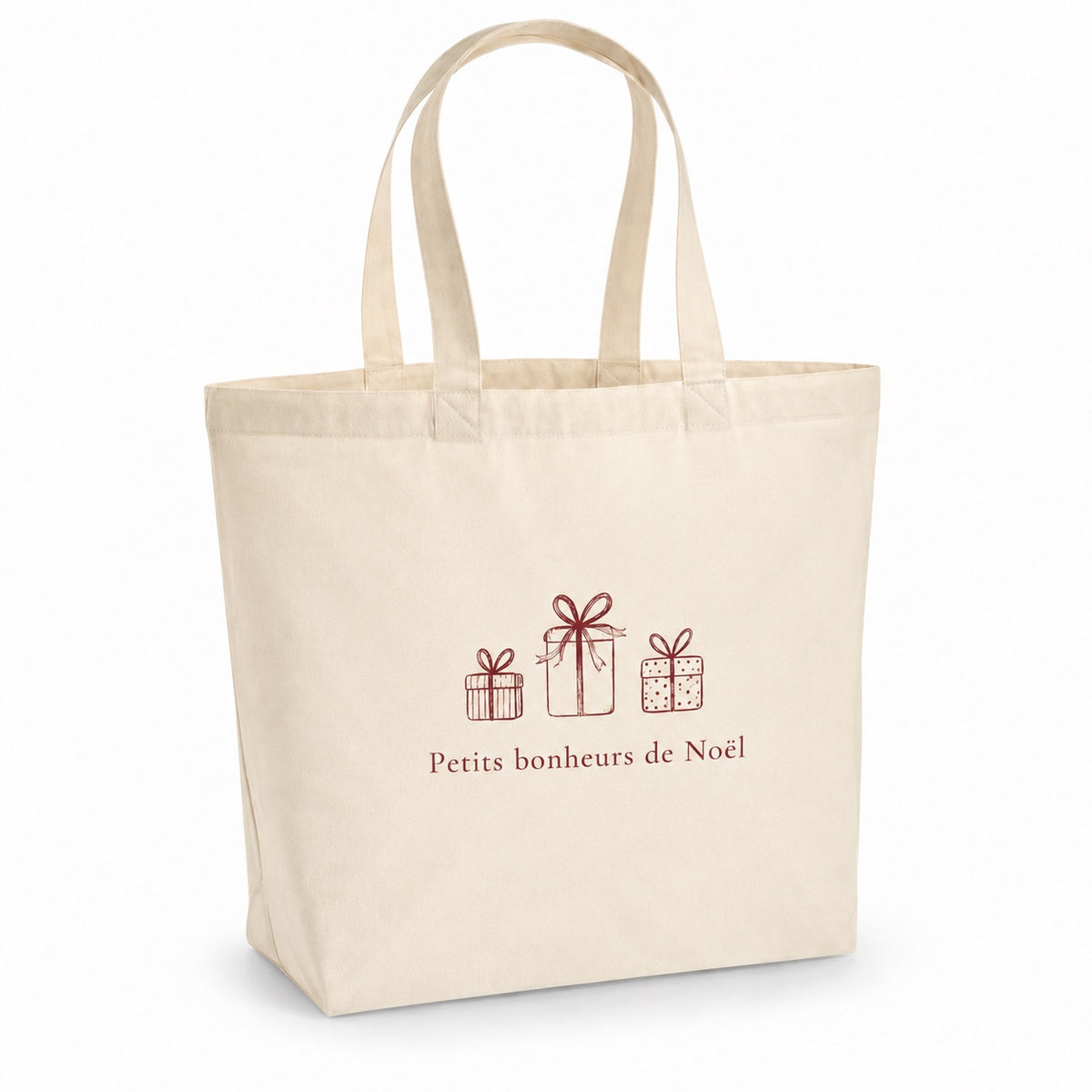 Tote bag de Noël « Petits bonheurs de Noël » Premium, cabas à soufflet en coton naturel 200 g/m² de 18 litres, dessin minimaliste au trait en bordeaux
