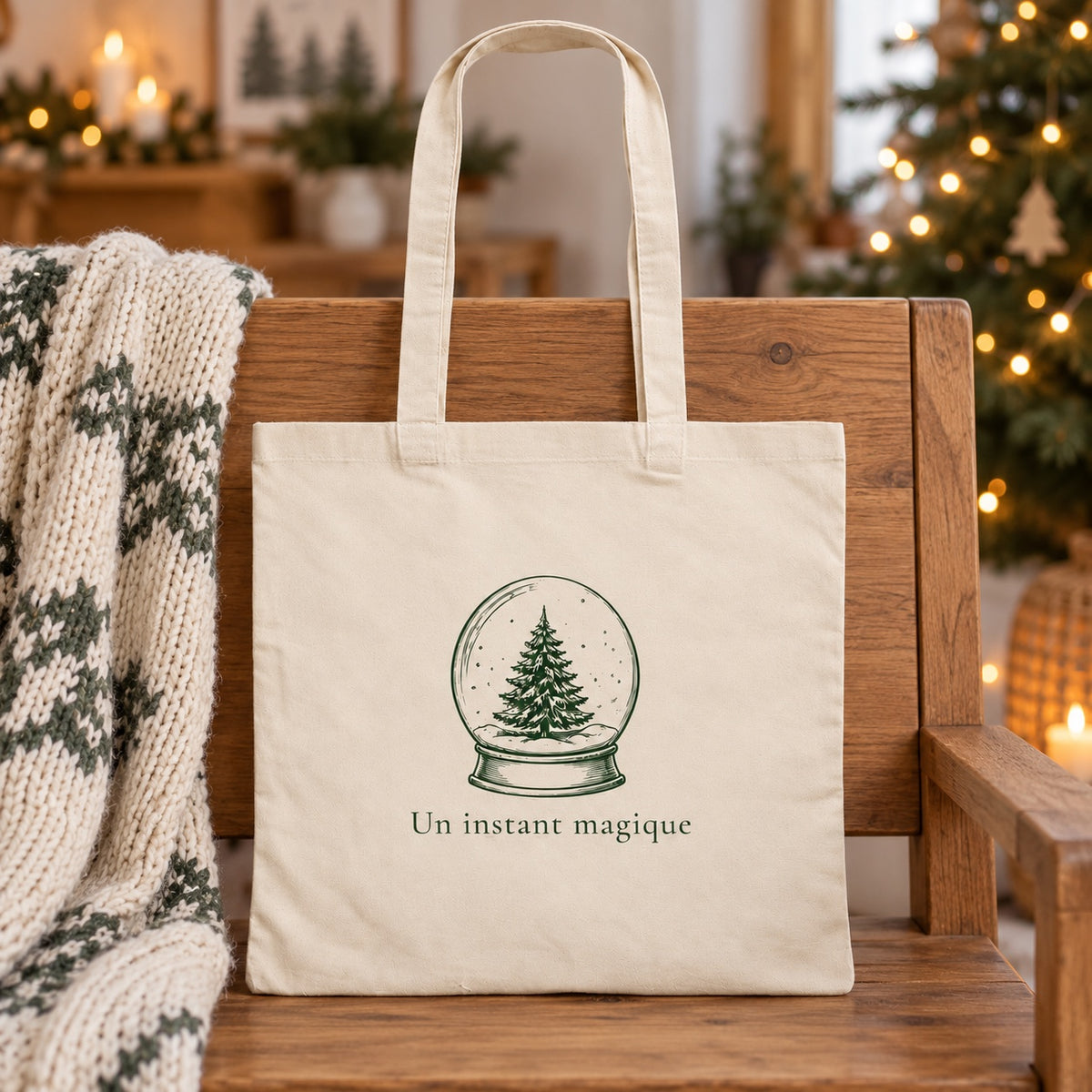 Tote bag de Noël « Un instant magique » Essentiel appuyé contre un banc près d'un plaid de Noël