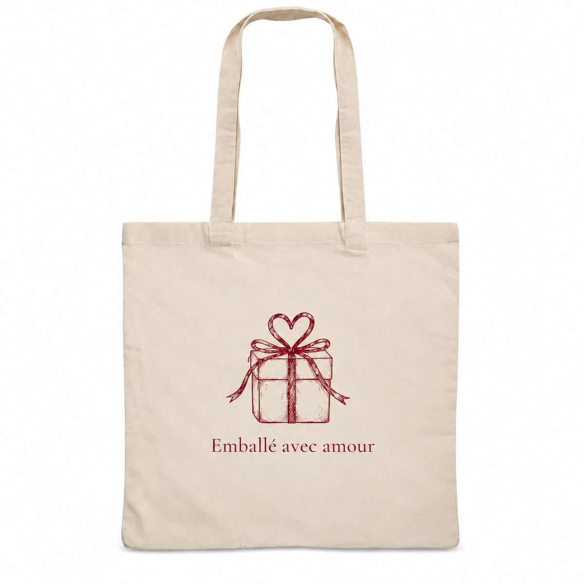 Tote bag de Noël « Emballé avec amour » Essentiel, sac plat en coton naturel 140 g/m² de 38 × 42 cm, dessin minimaliste au trait : un cadeau au nœud en cœur, en bordeaux