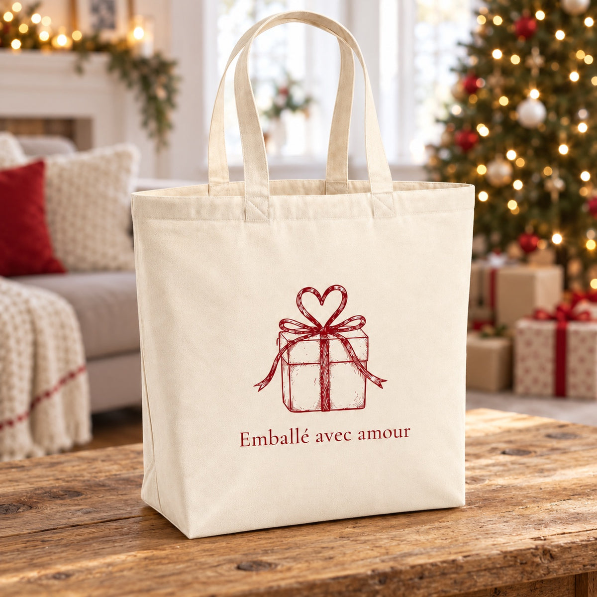 Tote bag de Noël « Emballé avec amour » Premium posé sur une table de salon devant le sapin
