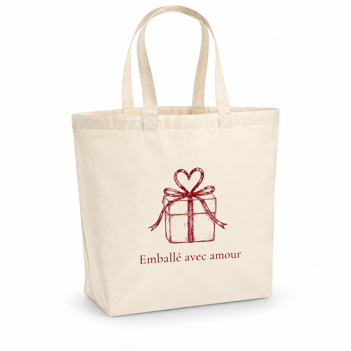 Tote bag de Noël « Emballé avec amour » Premium, cabas à soufflet en coton naturel 200 g/m² de 18 litres, dessin minimaliste au trait en bordeaux