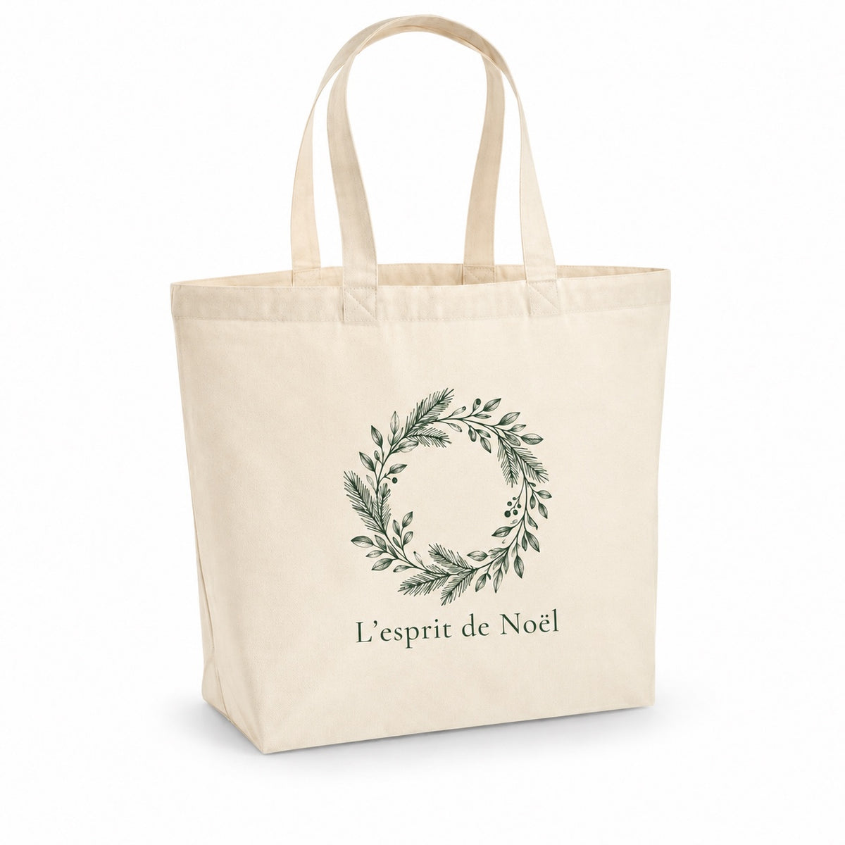 Tote bag de Noël « L’esprit de Noël » Premium, cabas à soufflet en coton naturel 200 g/m² de 18 litres, dessin minimaliste au trait en vert sapin