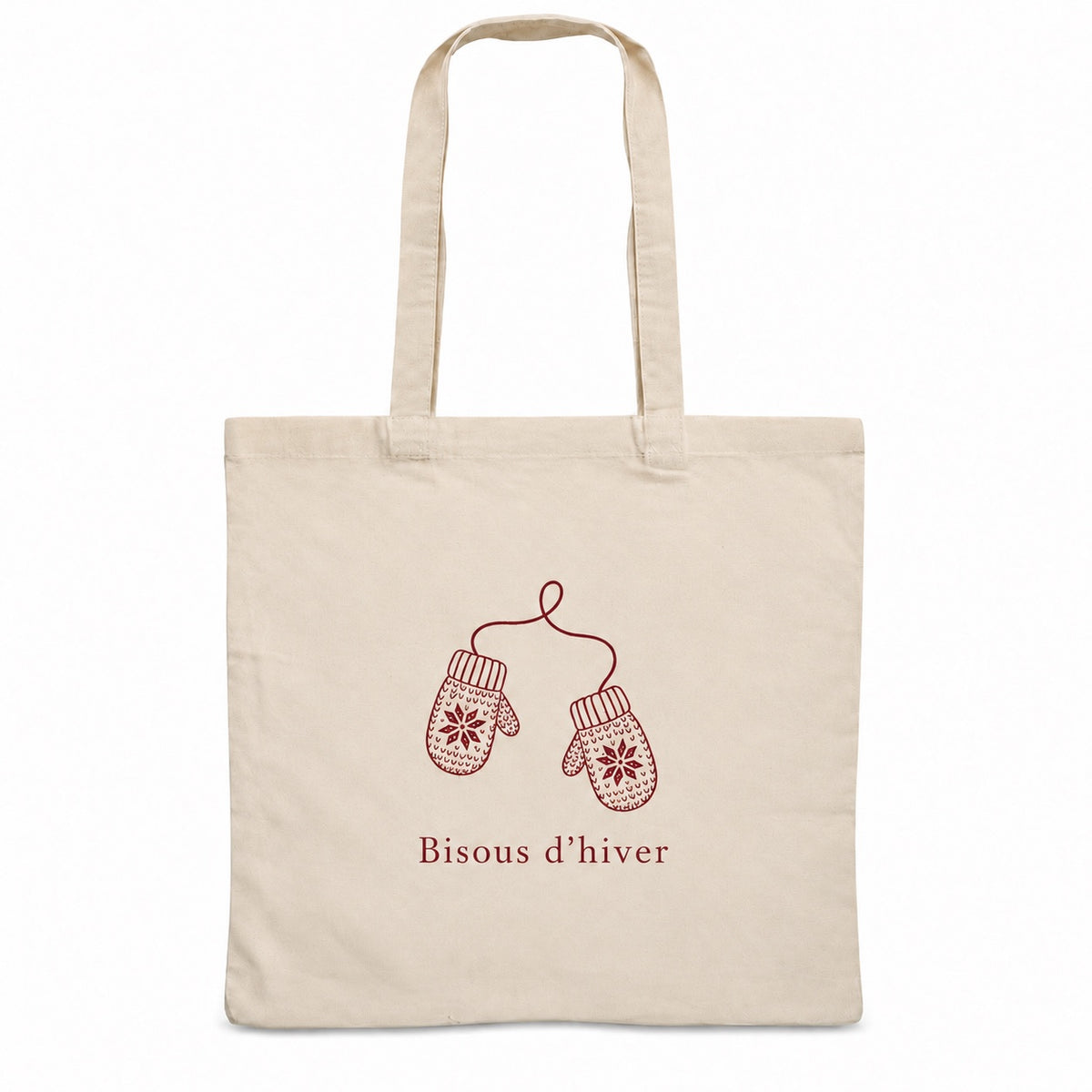 Tote bag de Noël « Bisous d’hiver » Essentiel, sac plat en coton naturel 140 g/m² de 38 × 42 cm, dessin minimaliste au trait : deux mitaines reliées, en bordeaux