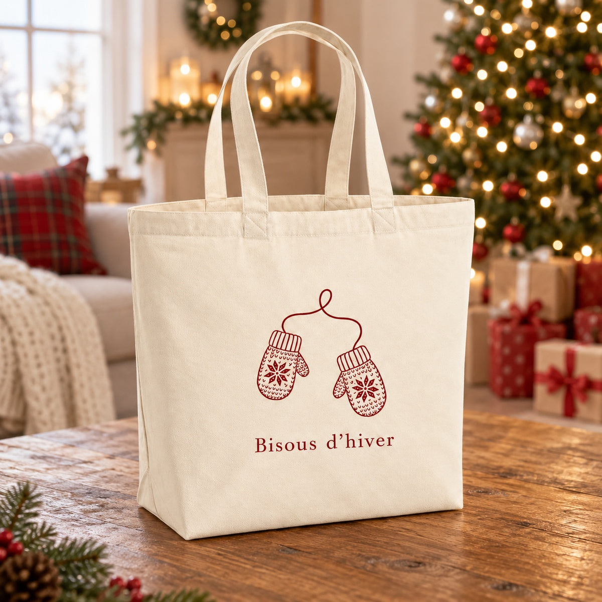 Tote bag de Noël « Bisous d’hiver » Premium posé sur une table de salon devant le sapin
