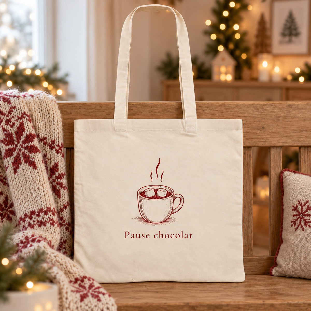 Tote bag de Noël « Pause chocolat » Essentiel appuyé contre un banc près d'un plaid de Noël