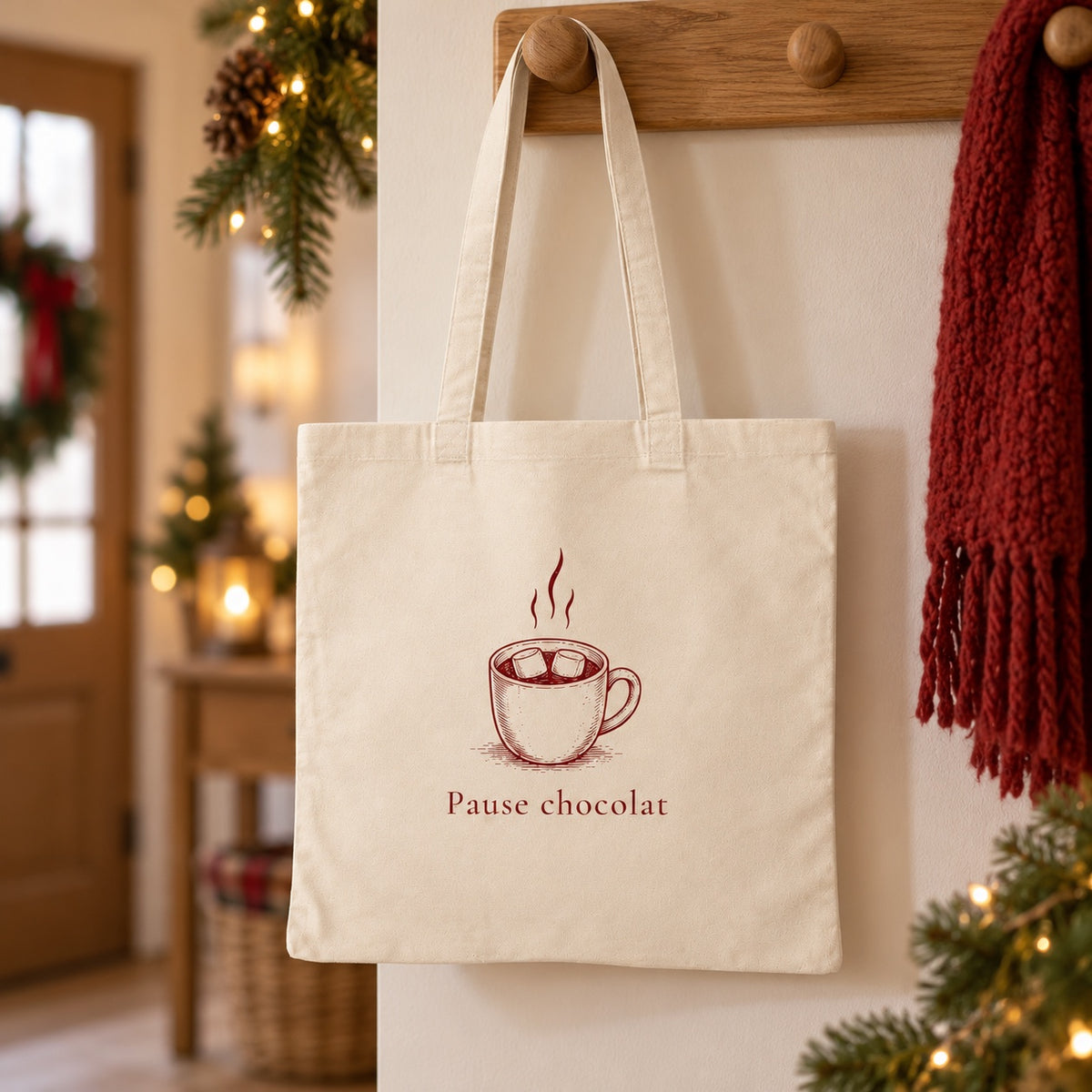 Tote bag de Noël « Pause chocolat » Essentiel suspendu à une patère dans une entrée décorée pour Noël