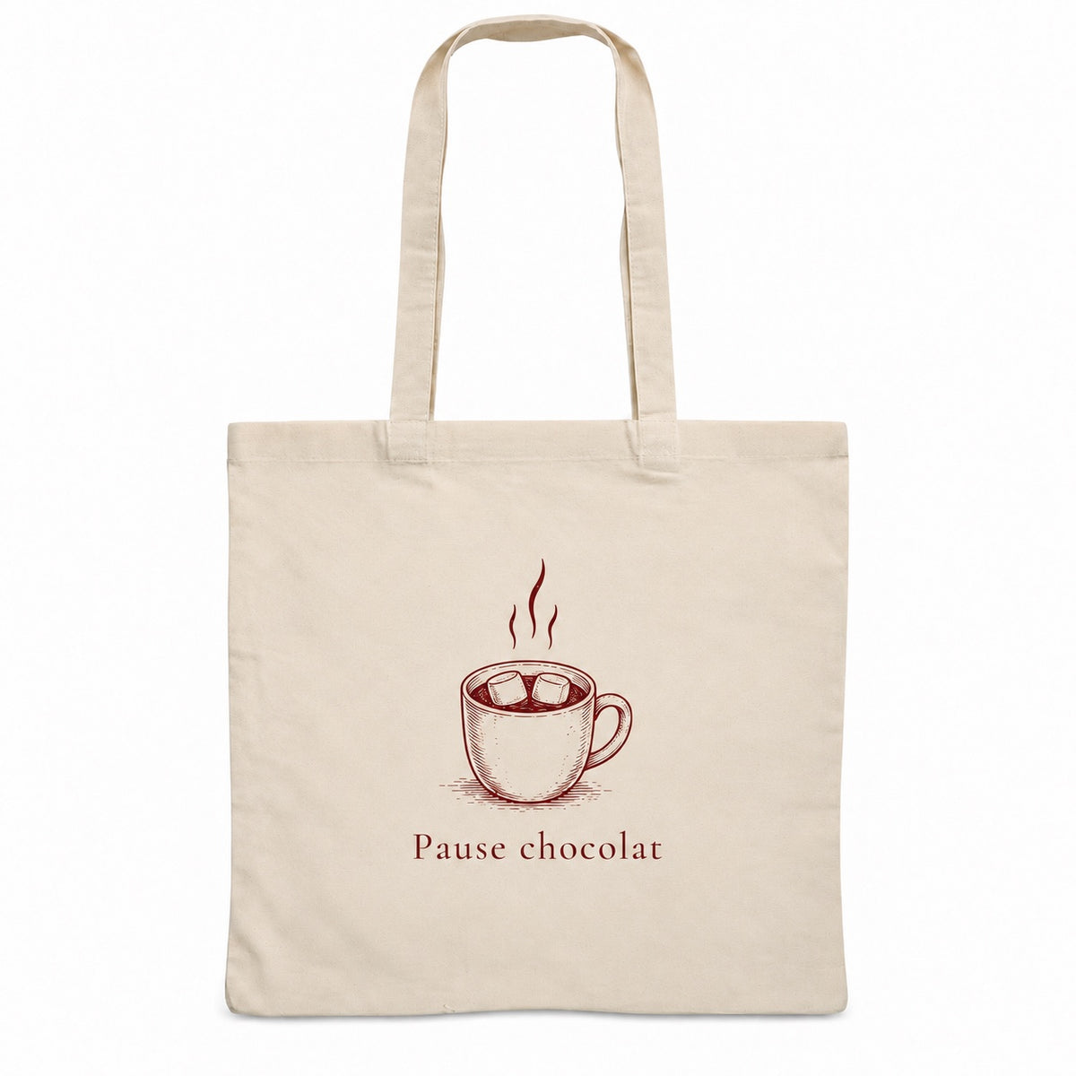 Tote bag de Noël « Pause chocolat » Essentiel, sac plat en coton naturel 140 g/m² de 38 × 42 cm, dessin minimaliste au trait : une tasse de chocolat chaud, en bordeaux