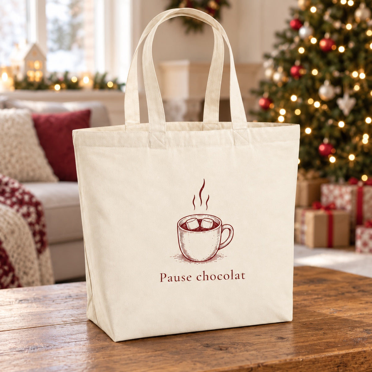 Tote bag de Noël « Pause chocolat » Premium posé sur une table de salon devant le sapin