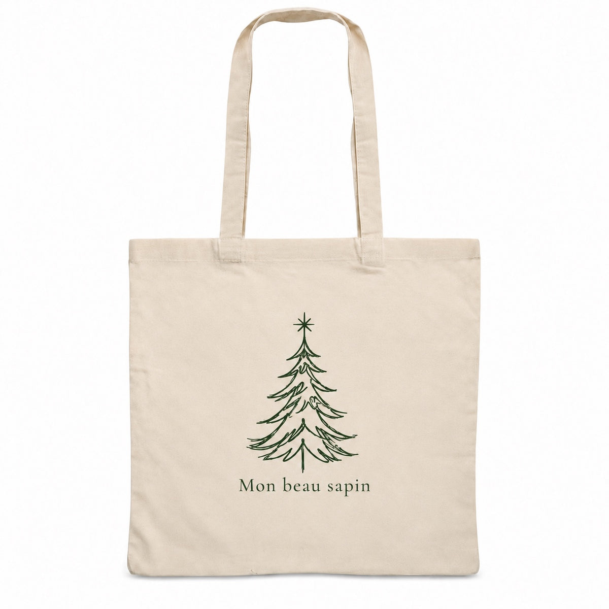 Tote bag de Noël « Mon beau sapin » Essentiel, sac plat en coton naturel 140 g/m² de 38 × 42 cm, dessin minimaliste au trait : un sapin, en vert sapin