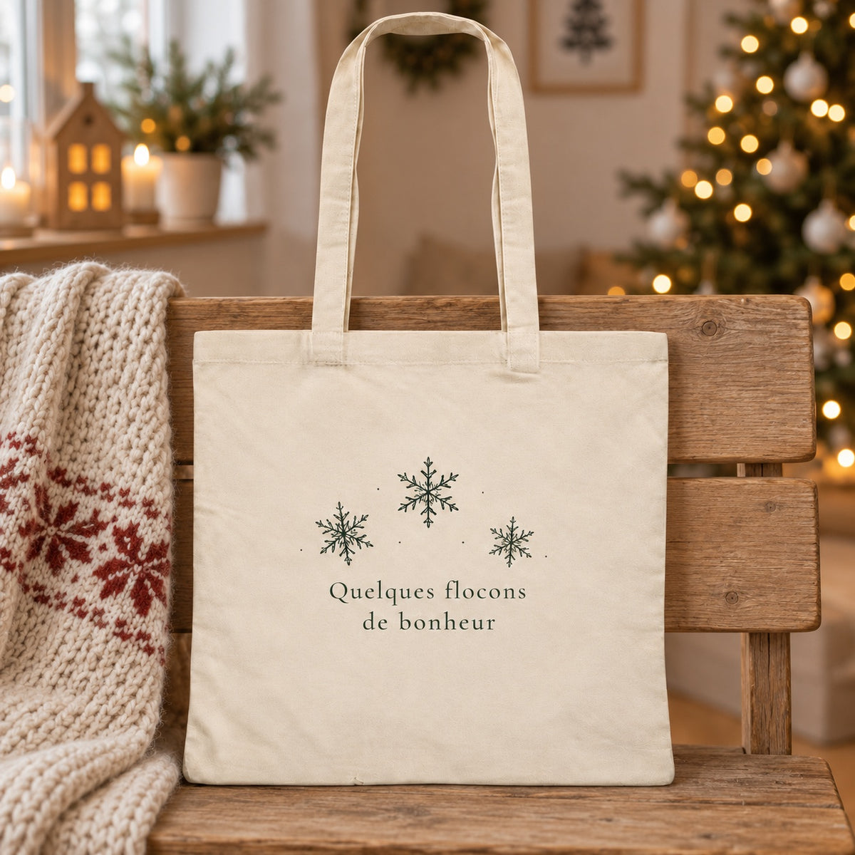 Tote bag de Noël « Quelques flocons de bonheur » Essentiel appuyé contre un banc près d'un plaid de Noël